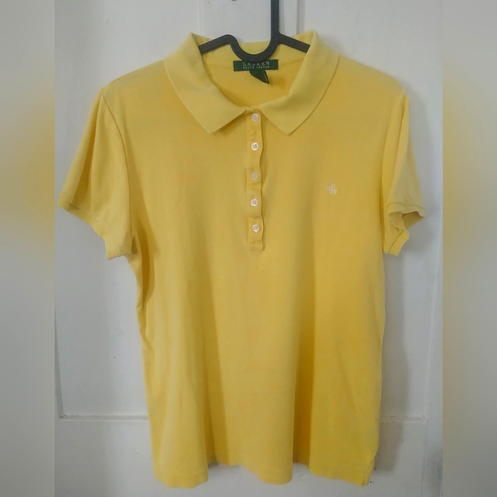 Vintage Ralph Lauren Women's Yellow Short Sleeve Polo Shirt Golf Tennis Size L